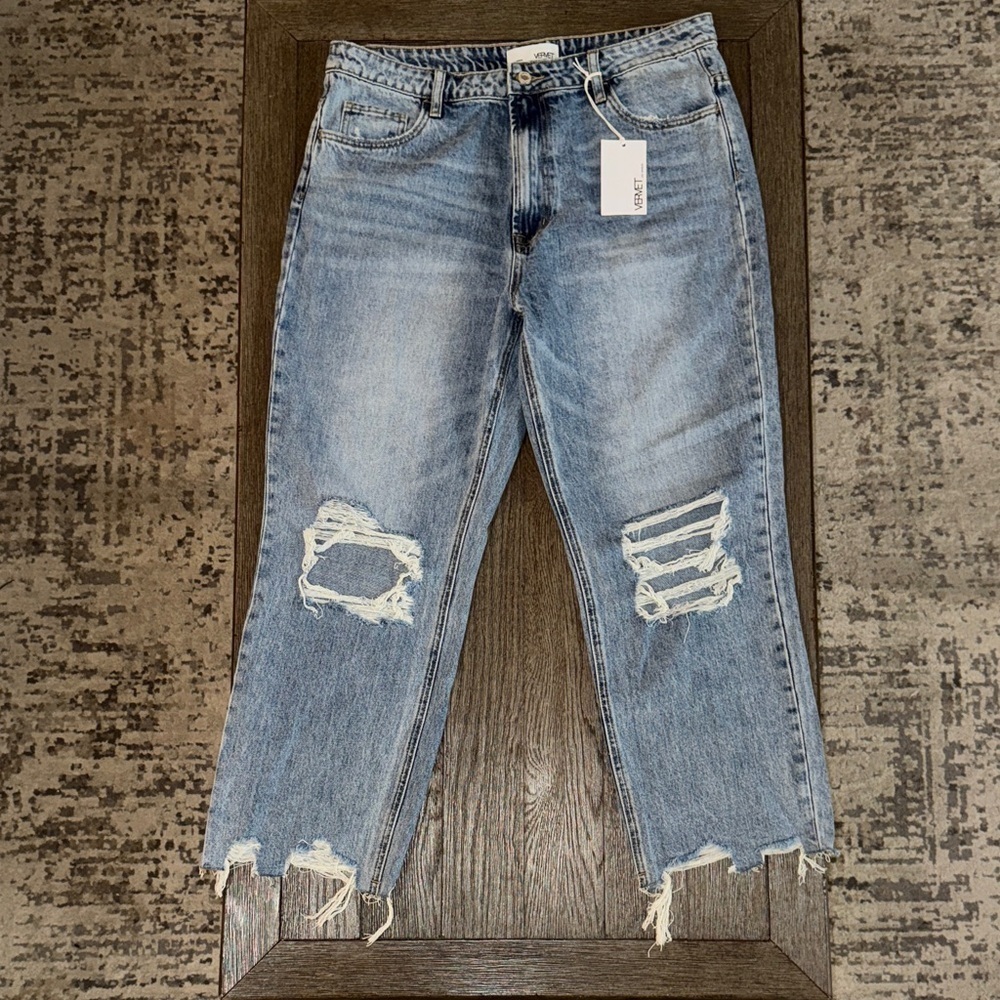 VERVET 90s Vintage Distressed Straight Leg Cropped Hem Denim Jeans Blue Melody